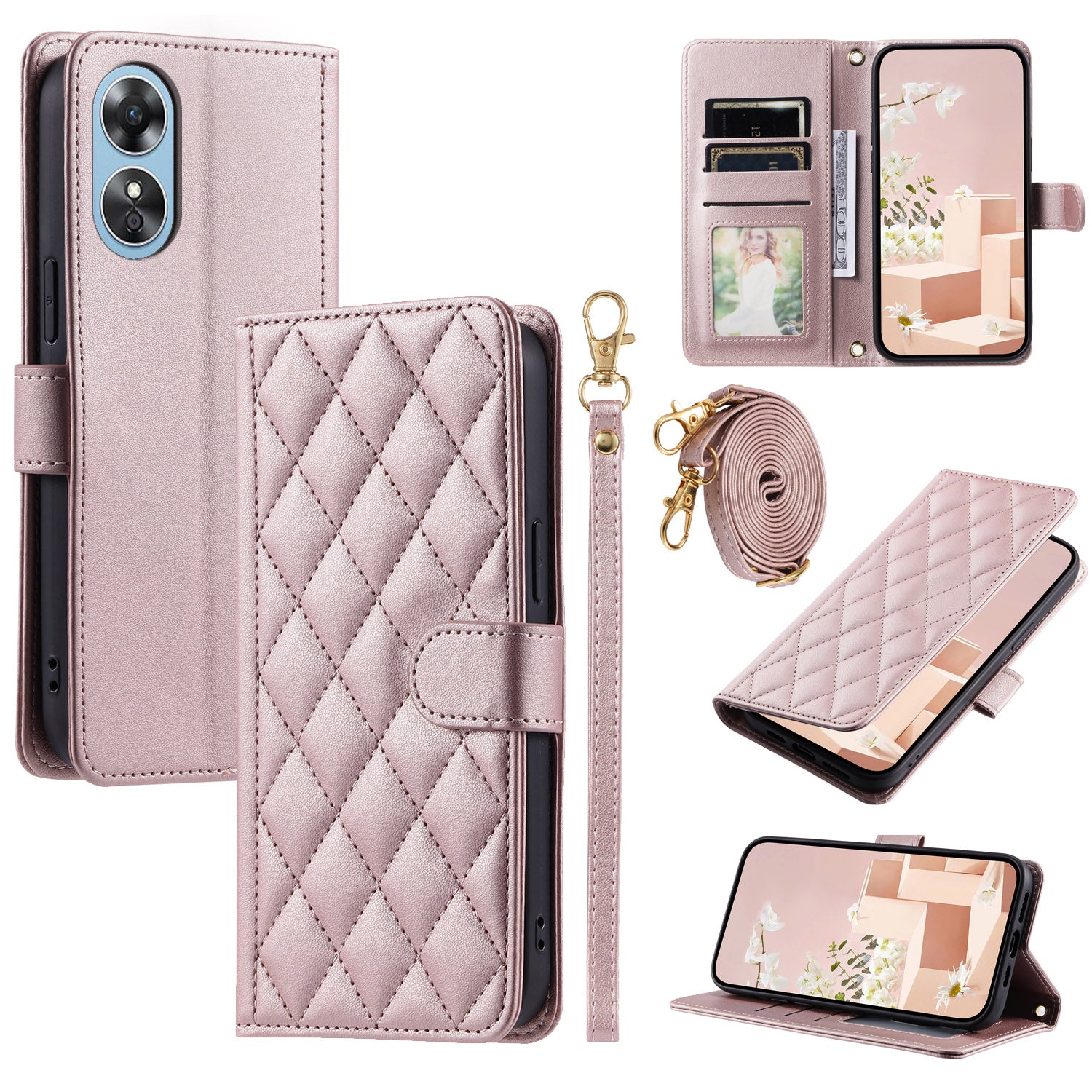 For Oppo A38 4G / A18 4G Case with Crossbody Strap Rhombus Pattern Stand PU Leather Phone Cover For Oppo A38 4G / A18 4G Case with Crossbody Strap Rhombus Pattern Stand PU Leather Phone Cover